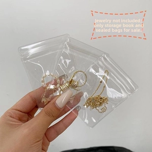 Close-up of transparent plastic jewelry seal bag protecting earrings and necklaces