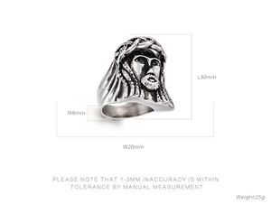 Detailed dimension guide showing the Jesus portrait ring height 30mm and width 20mm