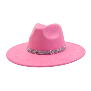 Detail of rose pink faux suede fedora hat with high-density rhinestone band decoration