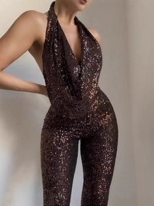 Combinaison Dos Nu À Paillettes Femme Sexy Col V Profond Sans Dos Jambe Large Sans Manches Fête Soirée