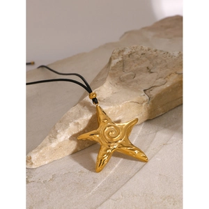 18k gold plated stainless steel starfish pendant necklace with black cord and beads