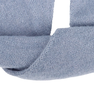 Macro shot of soft grey-blue knitted fabric texture showing fine yarn fibers and weave