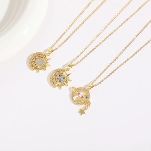 Celestial 14K gold-plated necklaces with sun, moon, and planet pendants with zircons