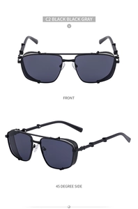 Steampunk sunglasses with black metal frame and distinctive mesh side shields and gray lenses