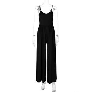 Close-up of black backless wide-leg jumpsuit showing high-waist design and premium fabric
