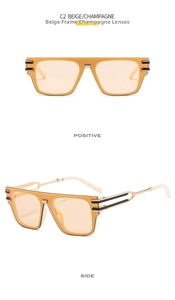 Close-up of beige square frame sunglasses with champagne lenses and gold hollow temples