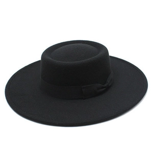 Women Boater Hat Wide Brim Flat Top Woolen Felt British Style Fedora With Ribbon Bow Elegant Vintage Autumn Winter