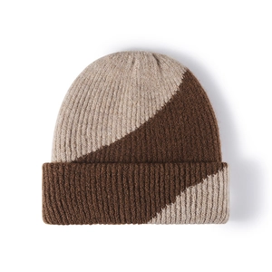 Winter warm knitted beanie with minimalist coffee and beige color block design