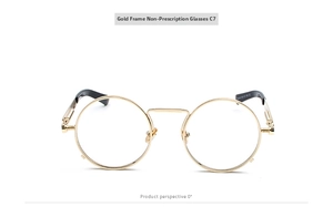 Close-up of golden steampunk glasses C7 with spring metal temples and clear lenses