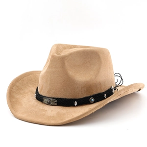 Classic camel faux suede western cowboy hat with decorative band and turquoise accent