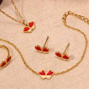 Parure bijoux papillon en acier inoxydable doré avec émail rouge et blanc pour fille