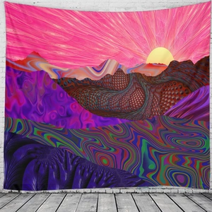Macro detail of psychedelic tapestry showing abstract landscape and vibrant artistic textures