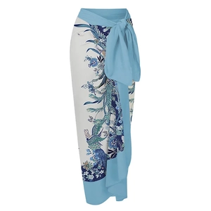 Blue and white floral peacock feather beach sarong wrap with wide waist tie