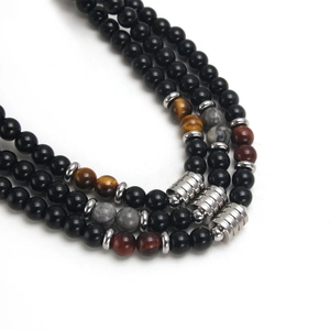 Three-layer stainless steel necklace with tiger eye stone and obsidian beads for men