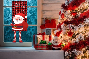 Merry Christmas door hanging banners in red plaid with festive Santa and tree patterns
