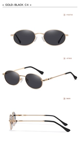 Drei-Winkel-Ansicht der Vintage-Oval-Sonnenbrille mit Gold-Metallrahmen und schwarzen Gläsern