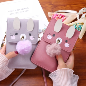 Cute Rabbit Crossbody Cell Phone Bag For Women Girls PU Leather Touch Screen Window Mini Shoulder Pouch With Pom Pom