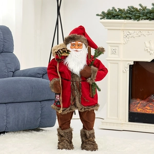 Standing Santa Claus doll in red velvet with lamp and gift bag for home Christmas decor