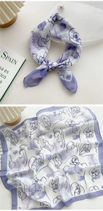 Detail of square cotton linen scarf featuring purple abstract female line art and soft colors