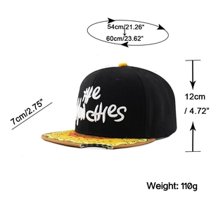 Detailed dimension guide for hip hop flat brim cap with pizza pattern and cut-out edge