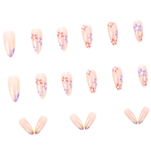 French style floral almond press-on nails with pink flowers and gradient glitter finish