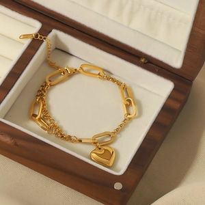 Fashion 18K Gold Plated Stainless Steel Heart Pendant Bracelet Splicing Chain For Women Hip Hop Jewelry
