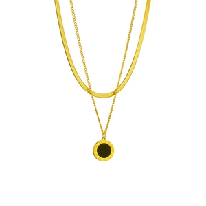 Double-layer gold snake chain necklace with black Roman numeral pendant charm