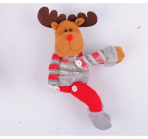 Detailed view of a plush Christmas reindeer curtain buckle with striped knit outfit and long legs
