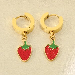 Detailed close-up of handmade red enamel strawberry charms on gold stainless steel earrings