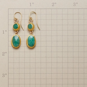 Pendientes vintage de cristal ovalado verde esmeralda con borde dorado en papel cuadriculado