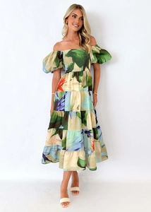 Floral off-shoulder maxi dress with puff sleeves and tiered skirt for beach vacation