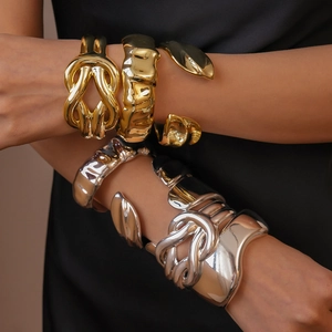 Irregular Geometric Open Cuff Bracelet For Women Acrylic Polished Metallic Twisted Knot Liquid Metal Texture Jewelry