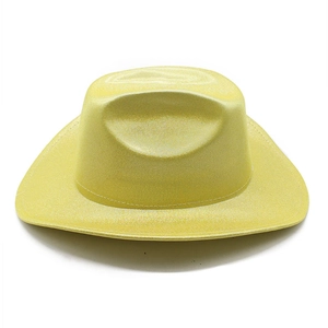 Detail shot of bright yellow sequin cowboy hat showing glitter texture and curved brim