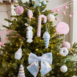 Pink macaron candy-themed Christmas tree ornaments set including glitter lollipops