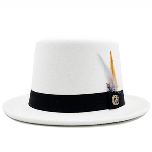 British style white wool flat top top hat with feather and vintage anchor badge