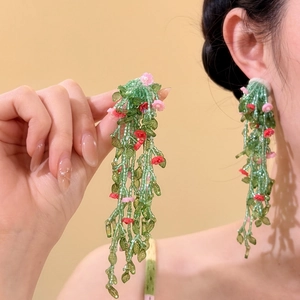 Handmade Green Beaded Flower Tassel Drop Earrings For Women Bohemian Vacation Floral Long Stud Earrings With Silver Post Jewelry