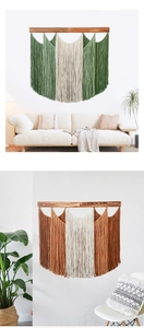 Detail of bohemian macrame wall hanging with tiered fringe and solid wood beam