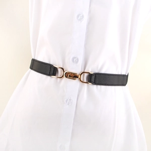 Women Skinny Elastic Belt Faux Leather Thin Waistband Gold Interlocking Buckle For Dresses Shirts