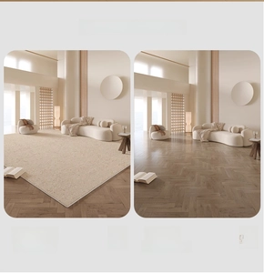 Visual comparison showing the brightening effect of a minimalist rug on hardwood floors