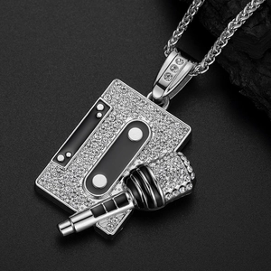 Hip hop silver tape and microphone pendant necklace with sparkling rhinestones for men
