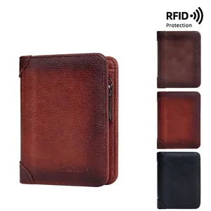 Vintage Herrenbrieftasche aus Leder mit RFID-Schutz und sicherem Metallreißverschluss