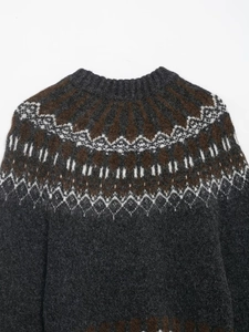 Detailed view of dark grey knit sweater collar with retro geometric jacquard patterns