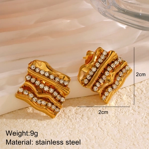 Golden wave-textured stainless steel square earrings with sparkling rhinestones detail