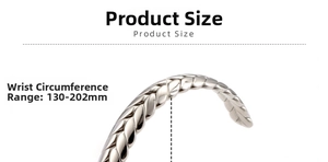 Detail showing wheat-pattern stainless steel bracelet with adjustable 130-202mm size
