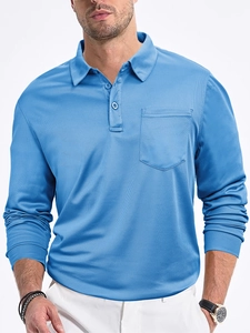 Close-up of blue long-sleeve polo shirt showing breathable mesh texture and buttoned pocket