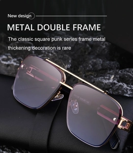 Detail of metal double frame sunglasses with purple gradient lenses and gold rim