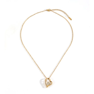 Titanium steel heart pendant necklace with gold plating and sparkling round zircon stone