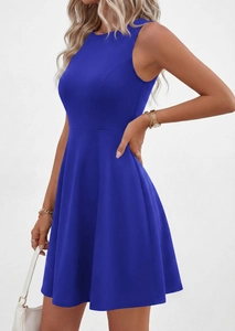 Close-up of royal blue sleeveless dress featuring a crew neck and high-quality knit texture