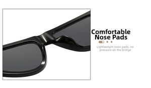 Detail view of the integrated comfortable nose pads on black cat-eye sunglasses