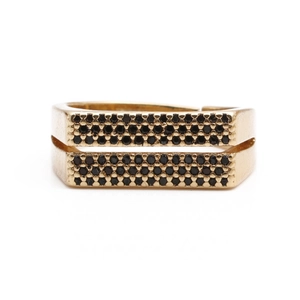 Minimalist double layer gold plated ring with pave set black cubic zirconia stones